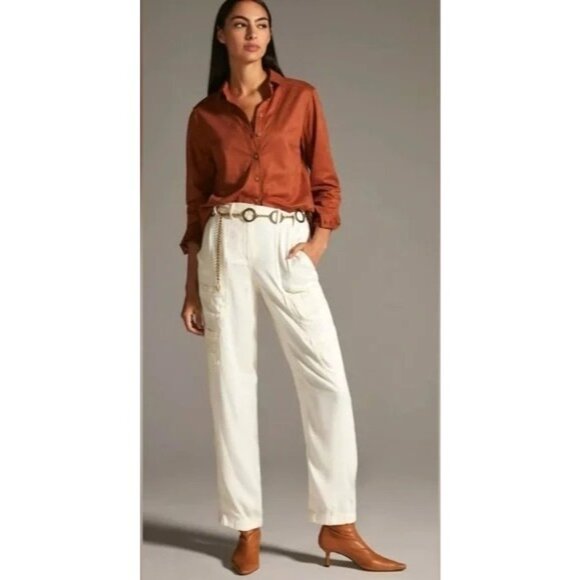 Maeve Anthropologie Pants Women 4 Ivory Port Side Satin Utility Cargo Streetwear - Picture 1 of 12
